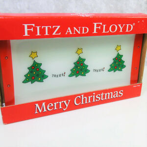 Fitz & Floyd Merry Christmas Tree Glass Tray 12.5" Holiday Serving Plate New Box